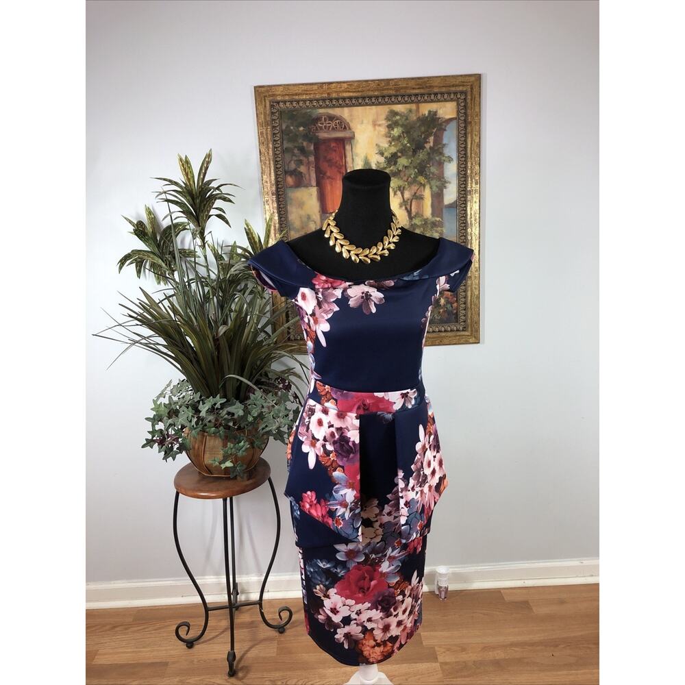 Missi London Women’s 8 Off-Shoulder Floral Bodycon Dress Cap Sleeve Peplum Midi